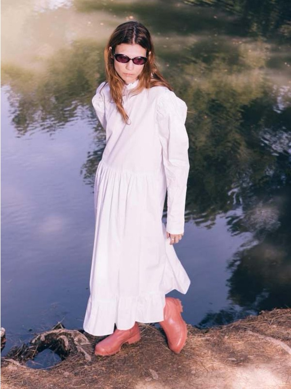 Toit Volant Cotton Poplin White Puff Sleeve Midi Dress